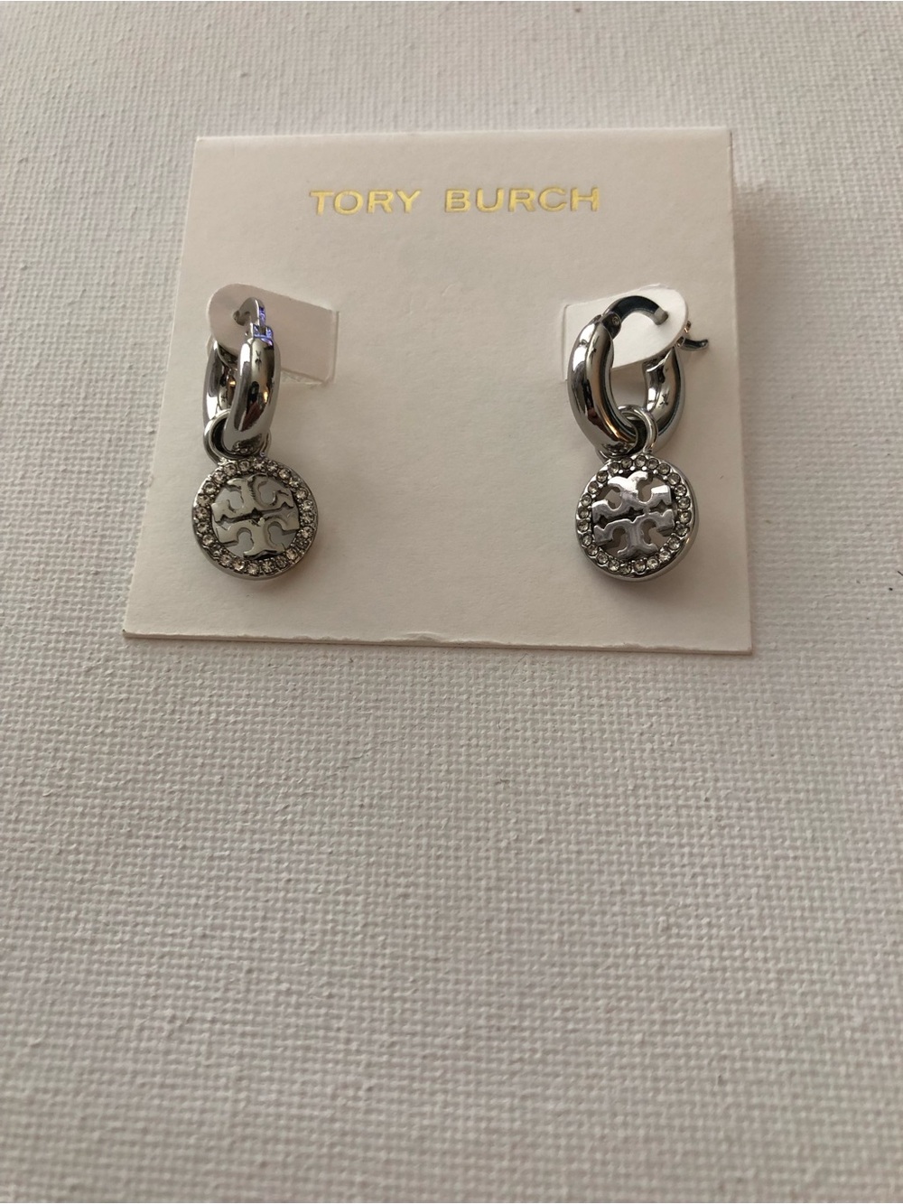Tory Burch Silver-Tone Logo Drop Hoop Earrings with Crystal Halo